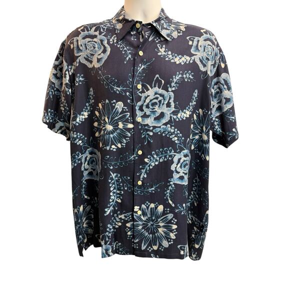 Nautica 100% Silk Button Down Shirt Hawaiian Floral Print Navy Blue Men's Sz L - Picture 5 of 9
